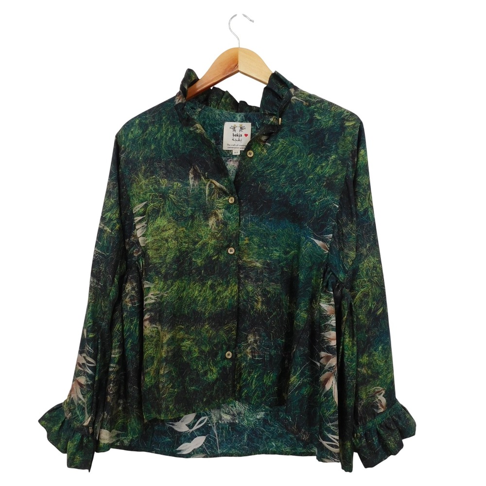 Bokja Silk‎ Herbs Yes Frills Shirt Long Sleeve Ruffle Neck Shirt Top XS-S